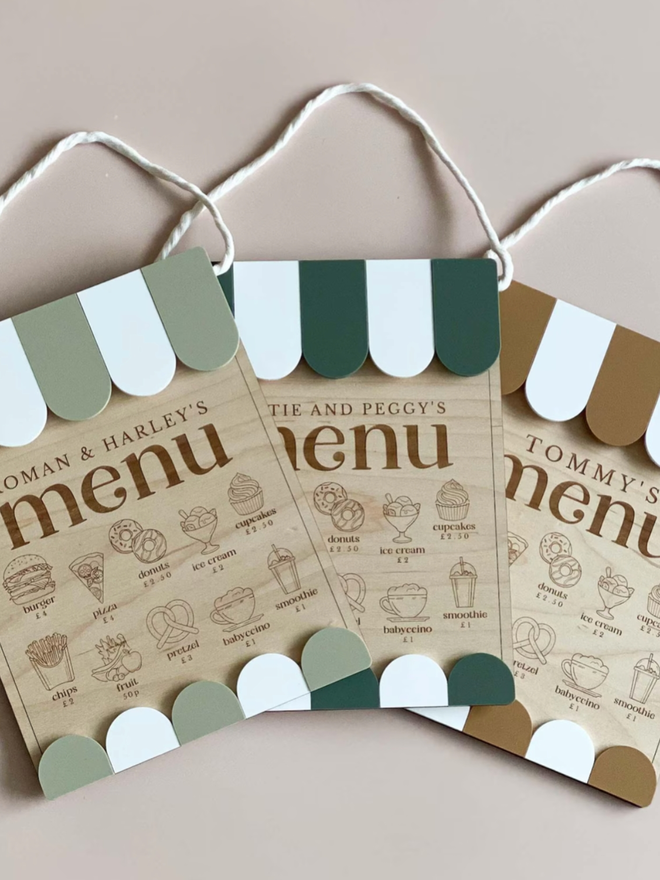 Personalised Wooden Play Kitchen Menu. Three menus in sage green, pine, and toffee.