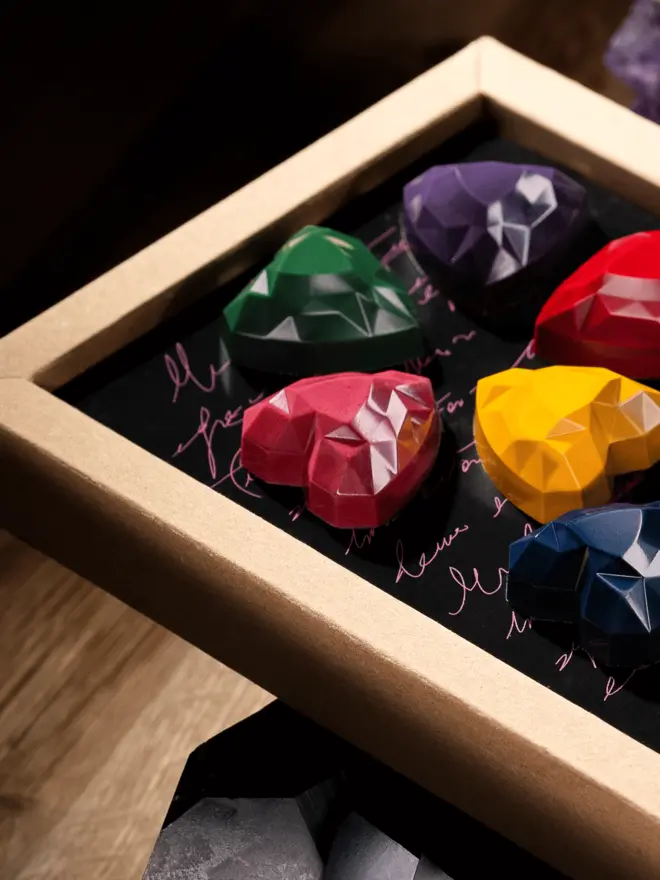 heart chocolate close up - yellow, green, pink, purple ones