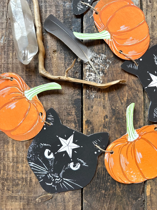 Black Cosmic Cat & Pumpkin Halloween Linocut Garland