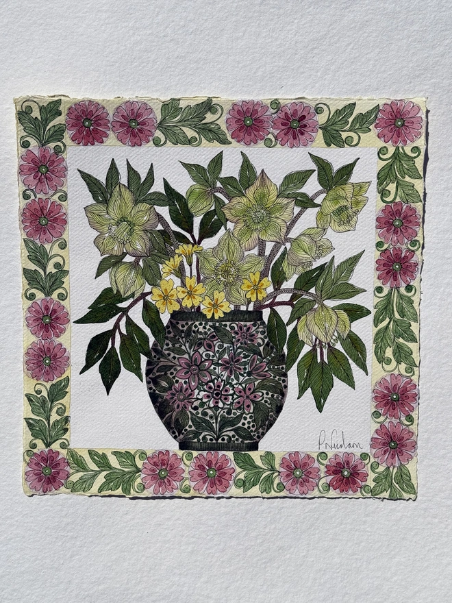'Hellebore Flowers & Primroses' Watercolour Painting