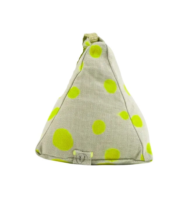 Hand Painted Linen Sustainable Doorstop In Polka Dot Print, a colourful neon yellow doorstop against a white background. 