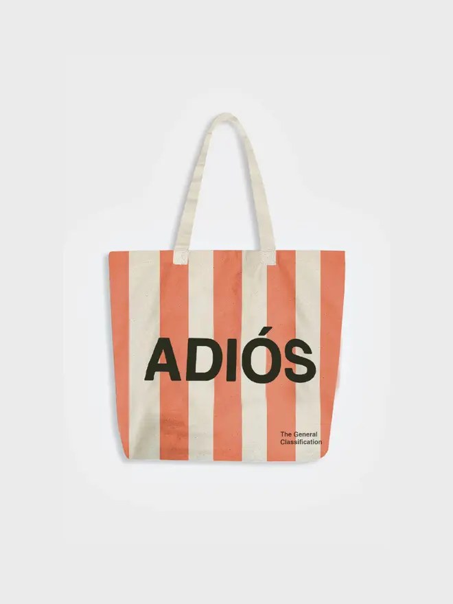 'Hola/Adios' Stripe Tote Bag, against a white background. 