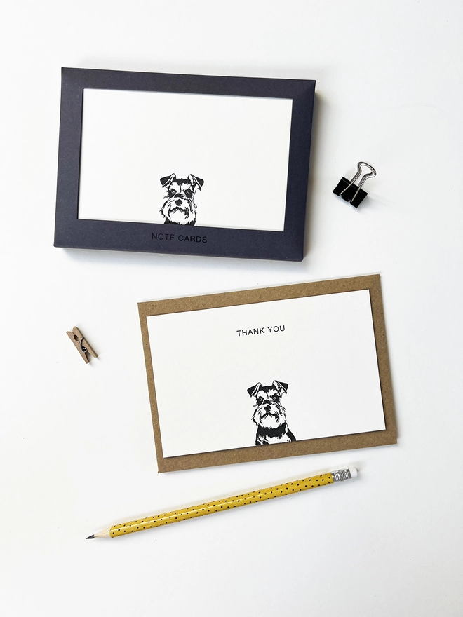 Boxed flat correspondence cards illustrated with a Schnauzer puppy