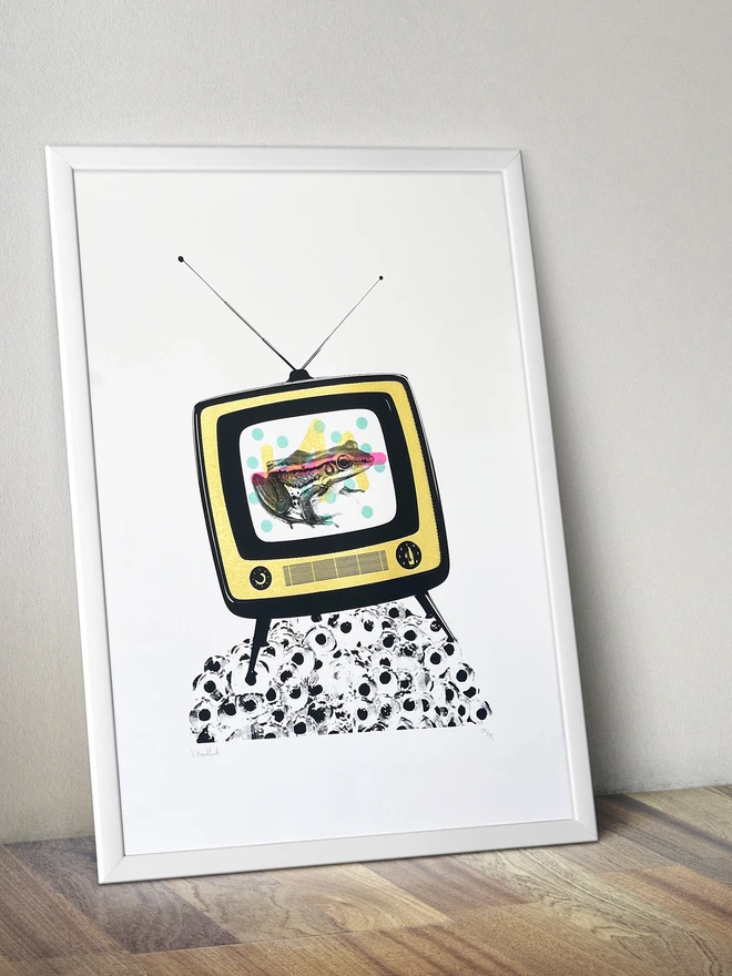 Froggy Vision – Screen Printed Retro Frog Poster - mock up in a frame