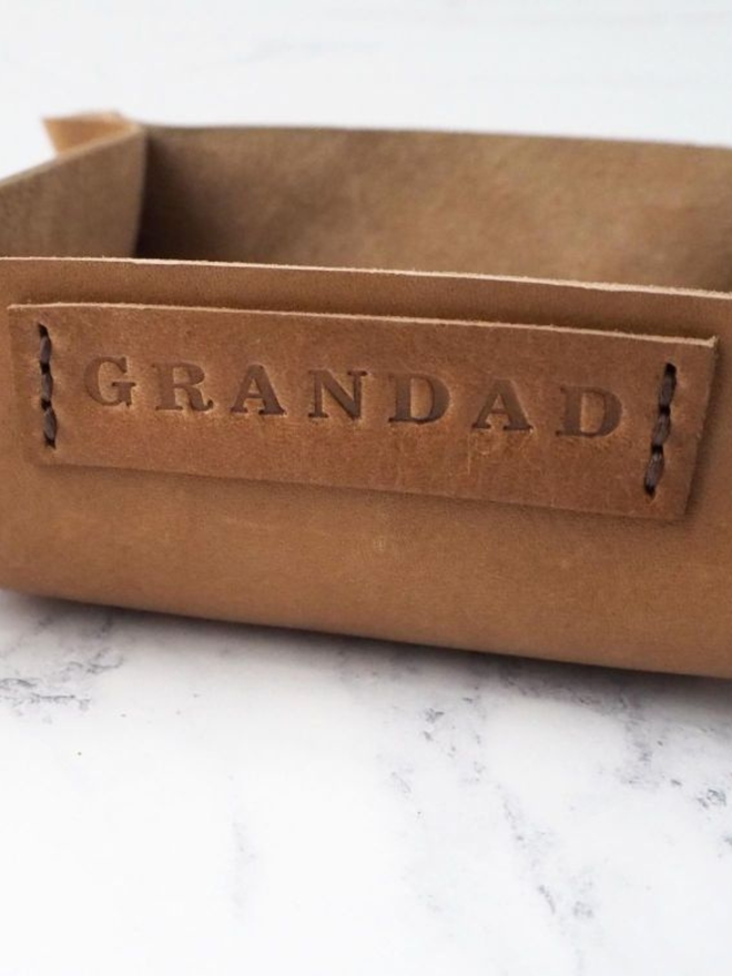 handmade leather coin tray for grandad