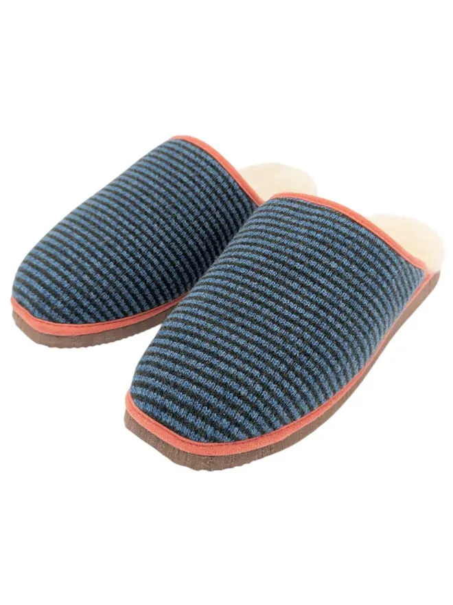 Women's Lambswool & Sheepskin Slippers, a pair of colourful slippers sitting on a white plain surface. 