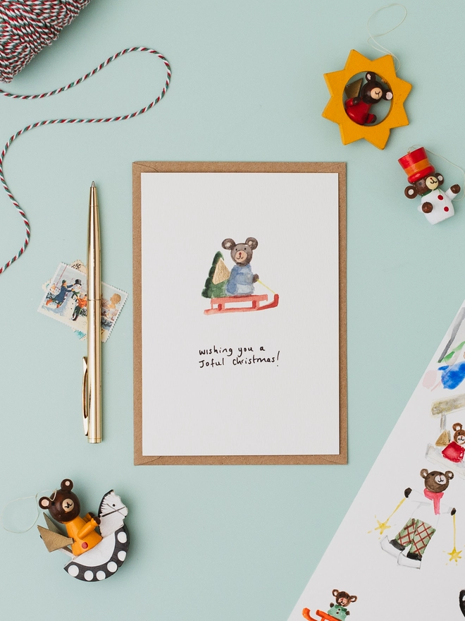 Sledging Bear Gold Foil Christmas Card Set of 6  