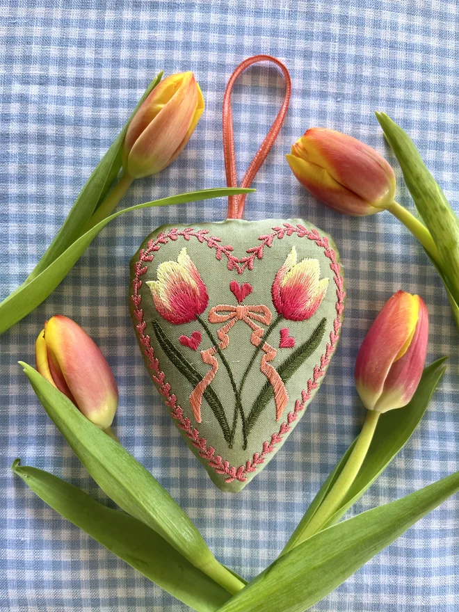 tulip silk embroidered heart ornaments pink peach green yellow orange thread, green silk, velvet ribbon stuffed ornament decoration