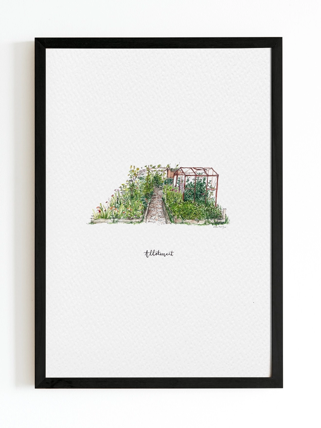 A black frame with a small intricate illustration of an allotment in the centre with black calligraphy hand lettering below which reads 'allotment'. There is a bark path to the centre of the painting and a green house on the right. 