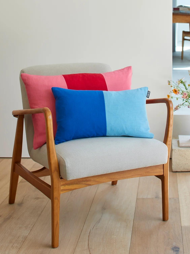 Colour Block Linen Cushion – Cherry/Rose