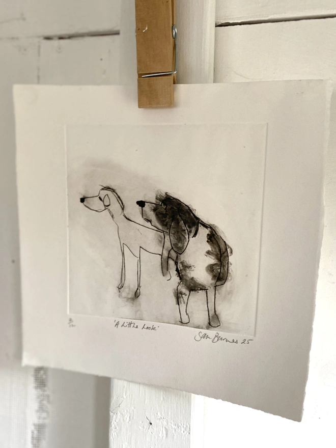 'A Little Look '. Handmade Dog Drypoint Print by Samantha Barnes