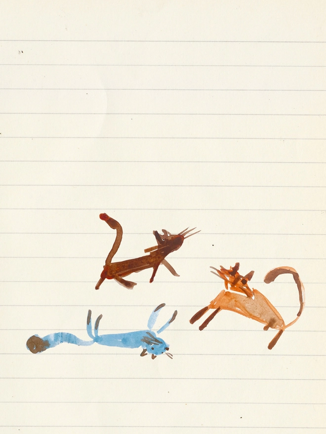 drawing of three cats in brown and blue tones