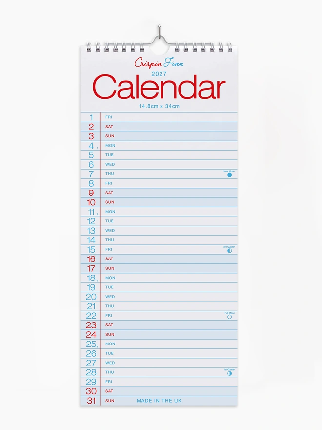 Wiro bound 2027 wall hanging calendar with blue and red graphics, in a simple graphic clear style