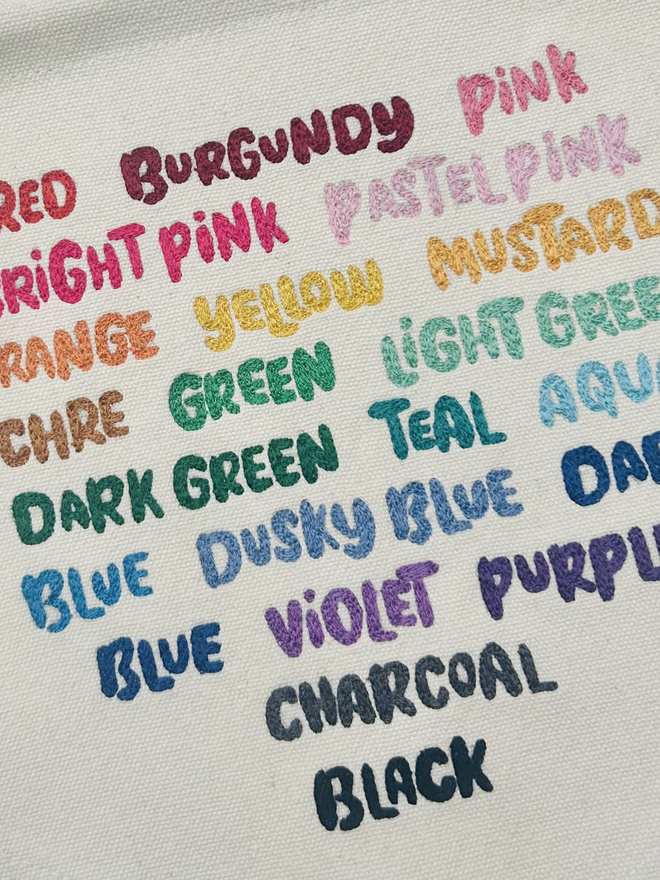 letters of the alphabet embroidered hoop. embroidery colour options