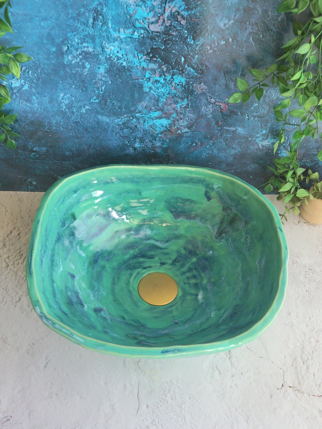 ceramic bathroom basin, ceramic sink, handcrafted sink, handcrafted basin, Jenny Hopps pottery, green basin, green sink