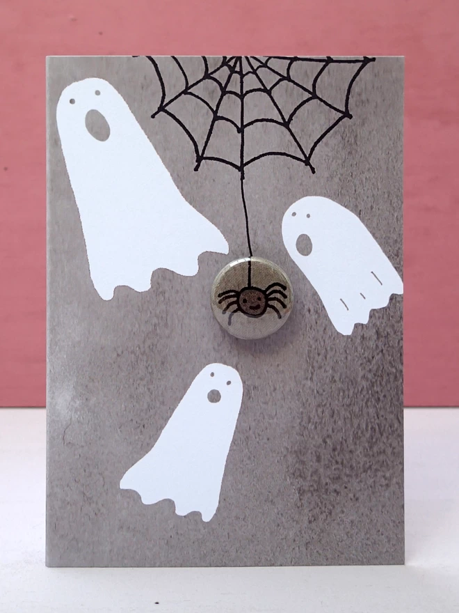 Ghost and spider greeting card with pin badge