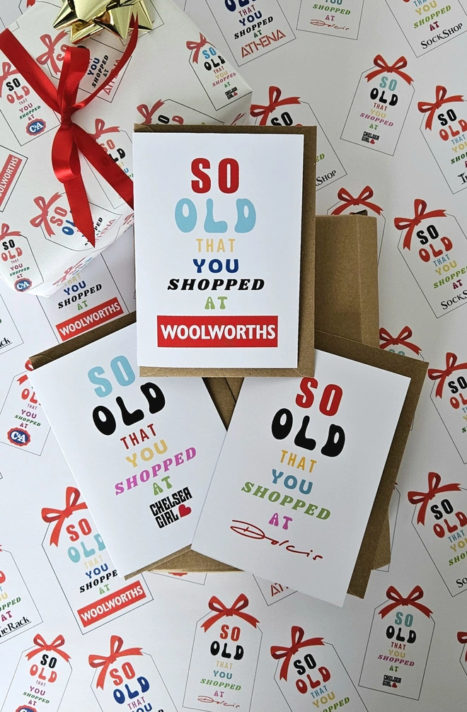 A photograph of 3 cards they say so old that you shopped at Woolworths Chelsea Girl and Dolcis