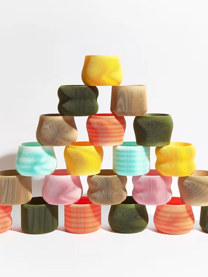 Sustainable 3D Printed Plant Pots stacked on each other, against a white background. 