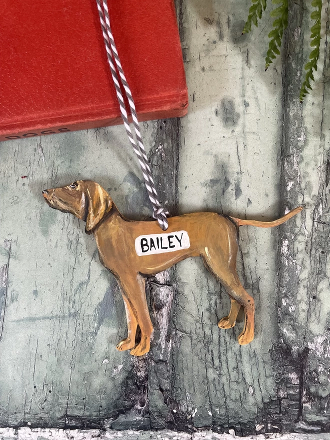 A Hungarian Vizsla Memory Decoration strung with grey and white twine