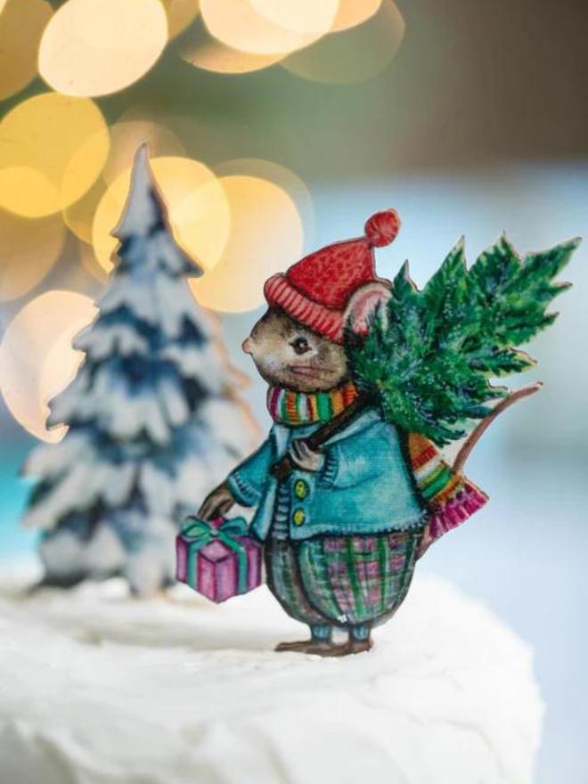 Christmas tree wooden mouse cake topper