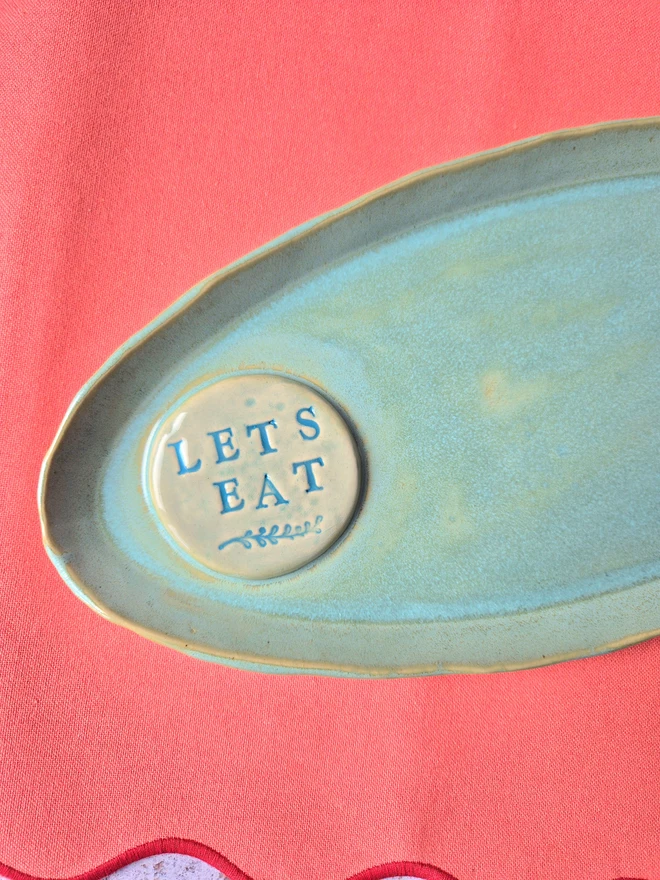 Lets eat platter, large serving platter, ceramic serving platter, Jenny Hopps Pottery, green platter, Christmas platter, christmas serving dish