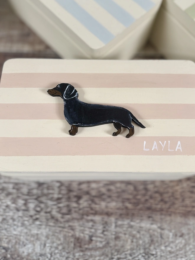 Pink and White Striped Dog Memory Box with a hand-painted black and tan smooth haired dachshund on the lid