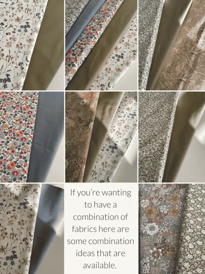 A selection of floral fabrics laid with plain blue and green fabrics