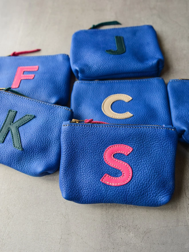 Colbalt Blue Leather Personalised Initial Pouch