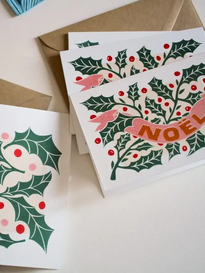 holly leaves noel christmas card 6 pack