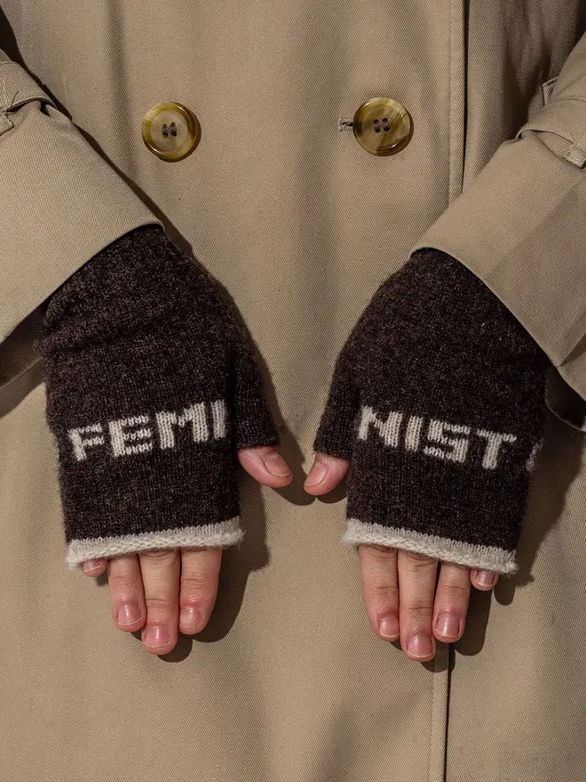 Feminist Mittens - Main - Cocoa Trim - Mushroom Wording - Mushroom