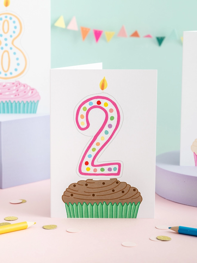 A sweet 2nd birthday card featuring a cupcake and candle