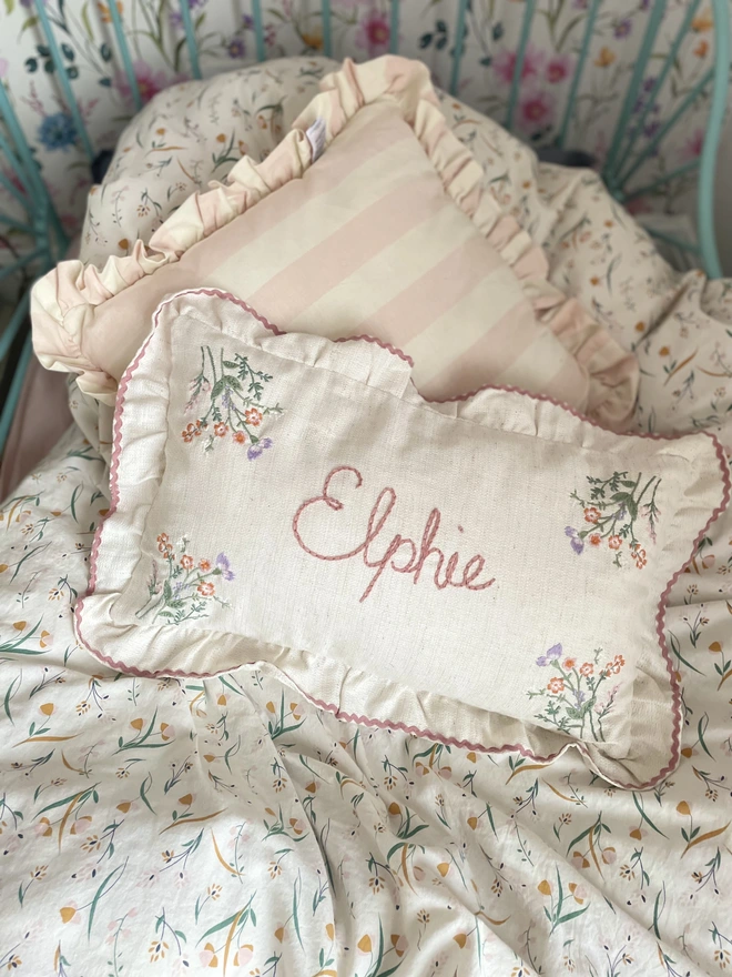 Floral linen embroidered baby pillow. Custom name embroidery 