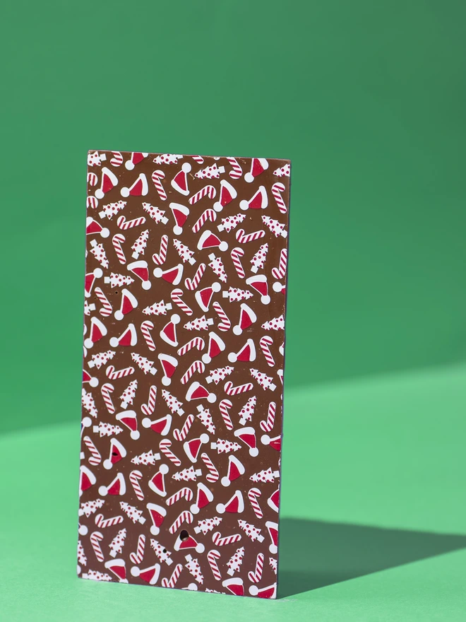 A solid chocolate Tablette, decorated with an edible festive design