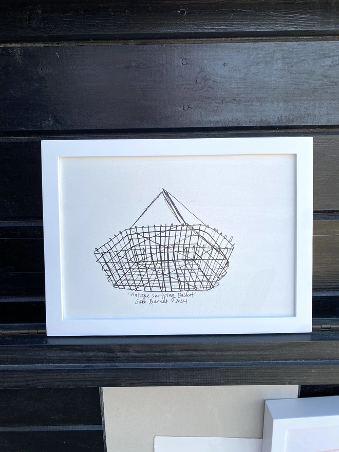 'Vintage Shopping Basket' A4 on Hardboard Framed  by Samantha Barnes