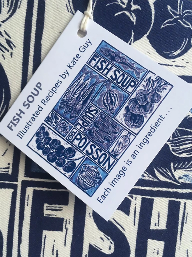 Recipe tag for delicious fish soup - linocut