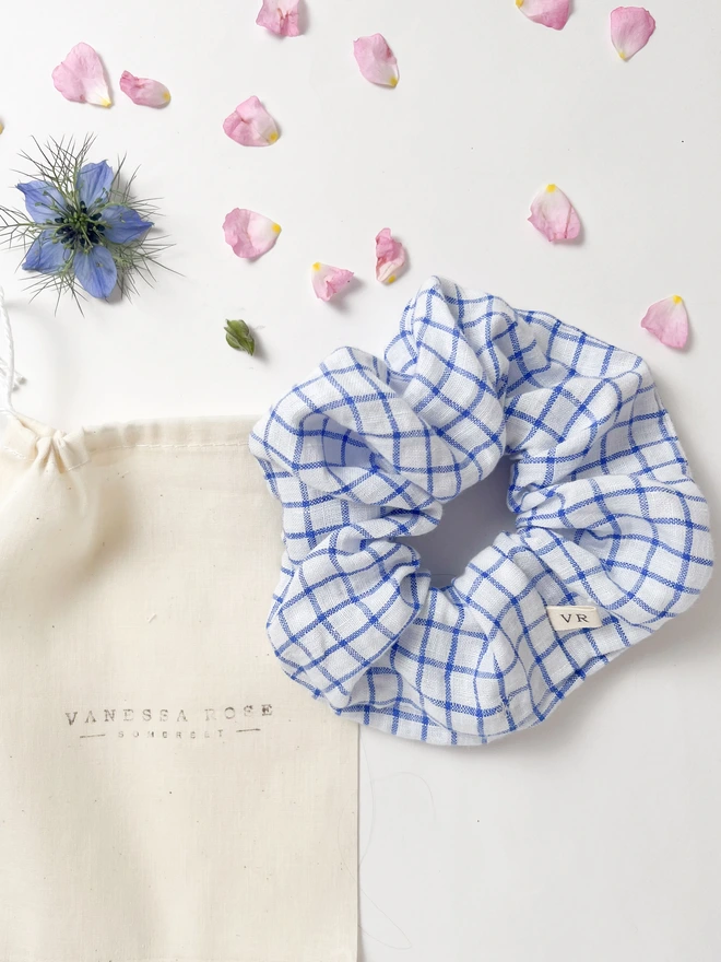 Blue Linen Hair scrunchie on cotton gift bag