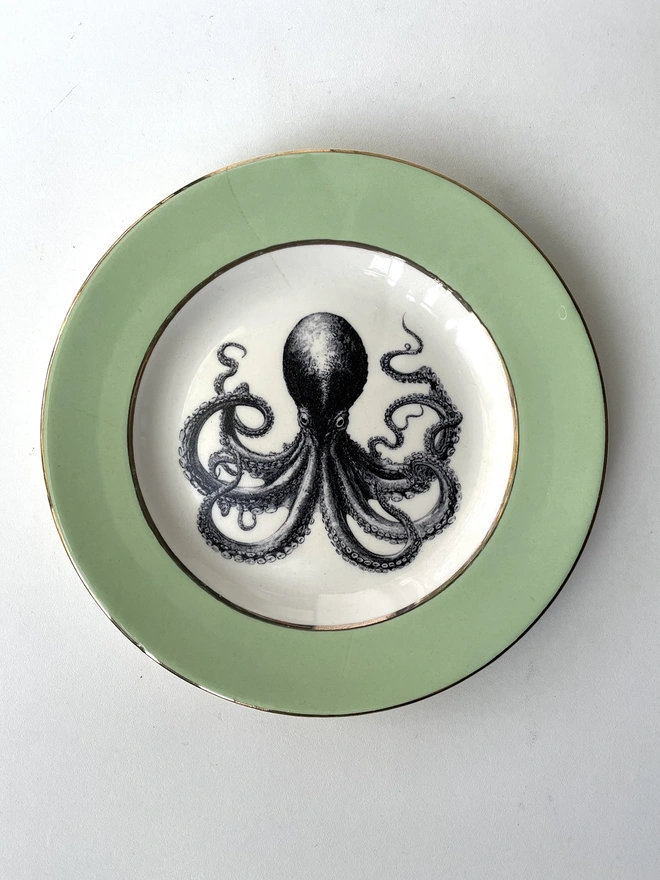 a vintage place with green and gold border, and in the centre is the vintage victorian illustration of an octopus