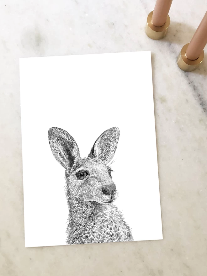 Art print of a hand drawn kangaroo laying on a table