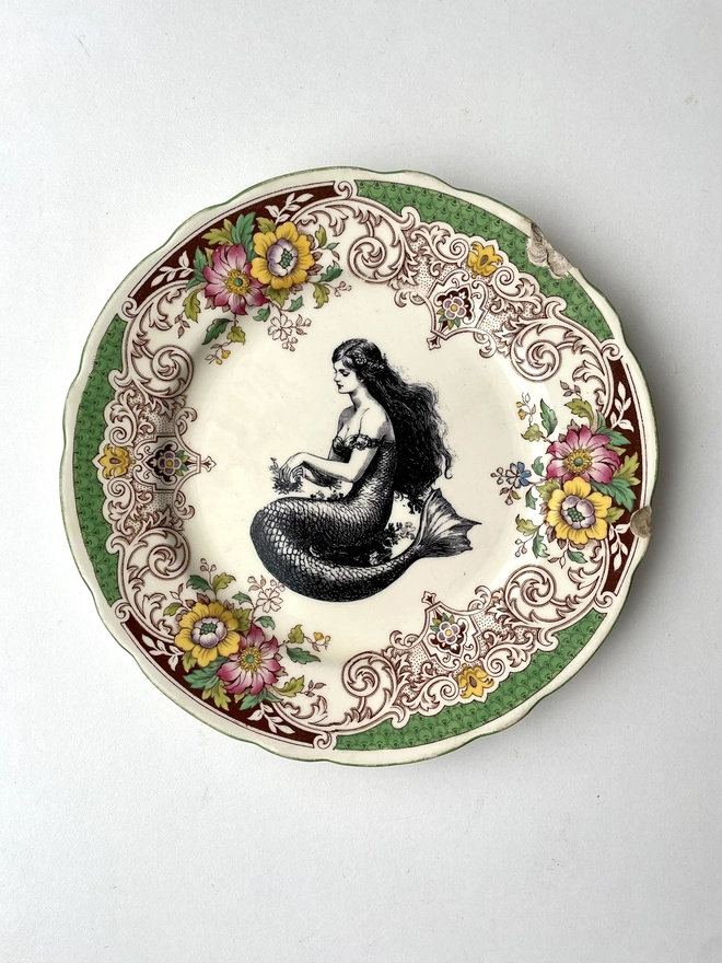 vintage ceramic china plate upcycled recycled altered art ornate border preloved mermaid nautical fish sea ocean surf nature tail 