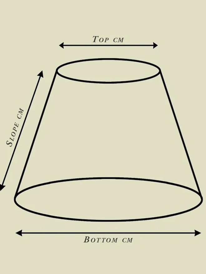 Paper Empire Lampshade. A lampshade size guide diagram showing top diameter, bottom diameter and slope measurements in centimetres. Use the illustration to measure and choose the right size tapered lampshade for your lamp base.