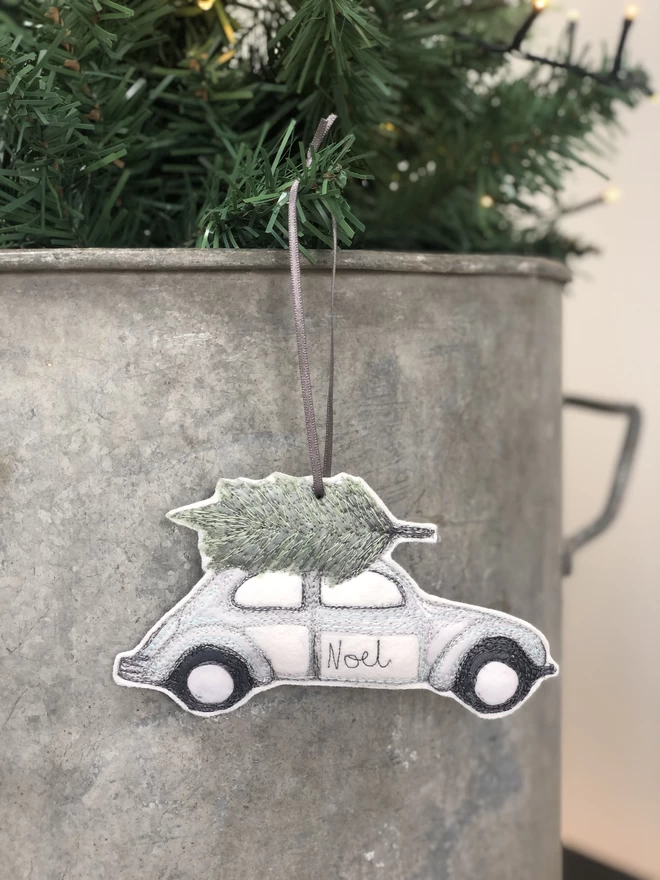 Christmas Car Decoration hanging on galvanised bucket