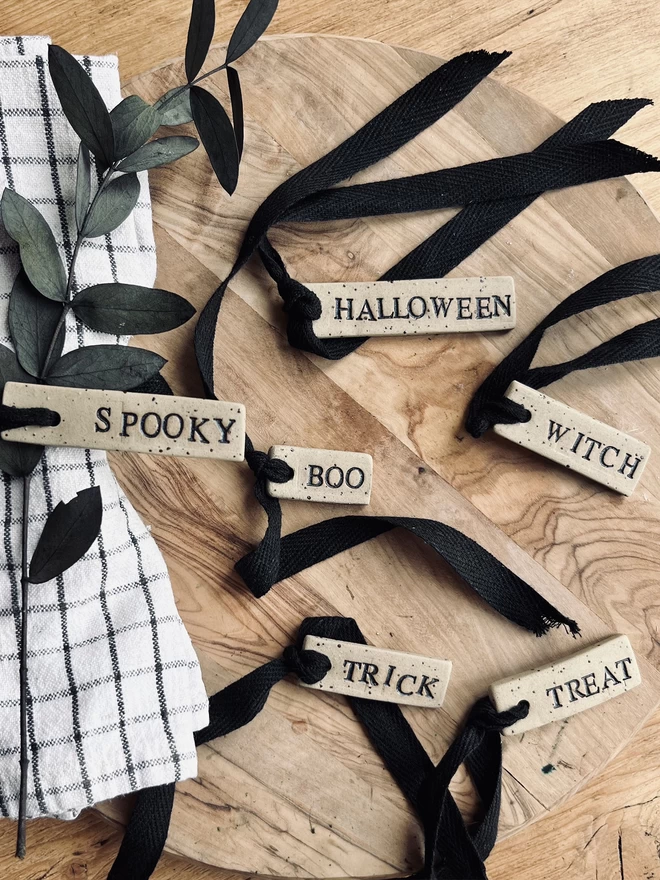 selection of ceramic Halloween tags