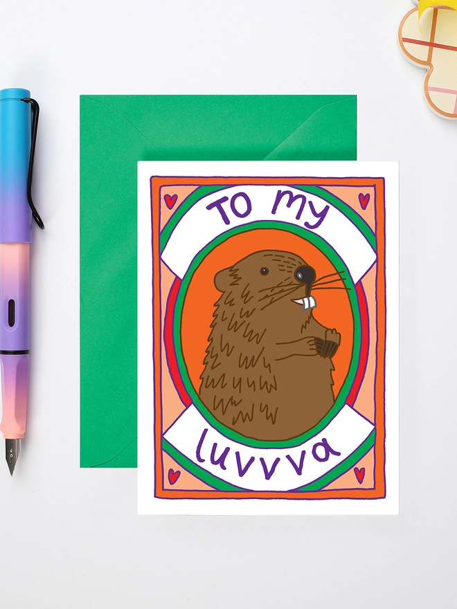 Quirky Anniversary Love Card Featuring an Illustration of a Beaver