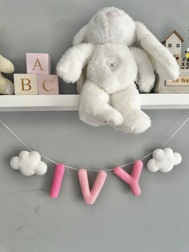 Personalised Name Cloud Star or Heart Garland, a colourful name garland hanging in a child’s bedroom, baby gift, nursery decoration, bunting 