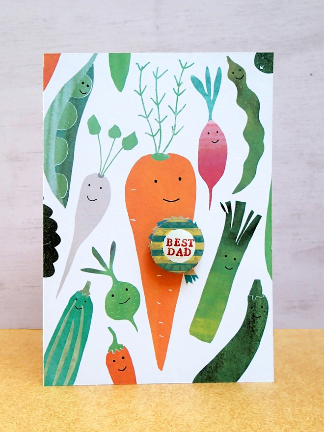 Carrot best dad greeting card with rosette pin badge