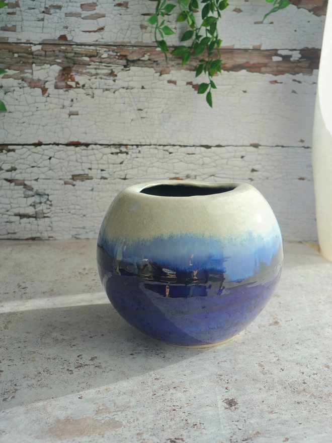ceramic round large vase, lulworth cove vase, large ceramic vase, large pottery vase, Jenny Hopps Pottery, blue round vase