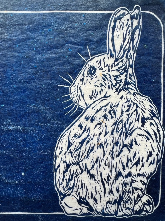fluffy bunny rabbit linocut detail