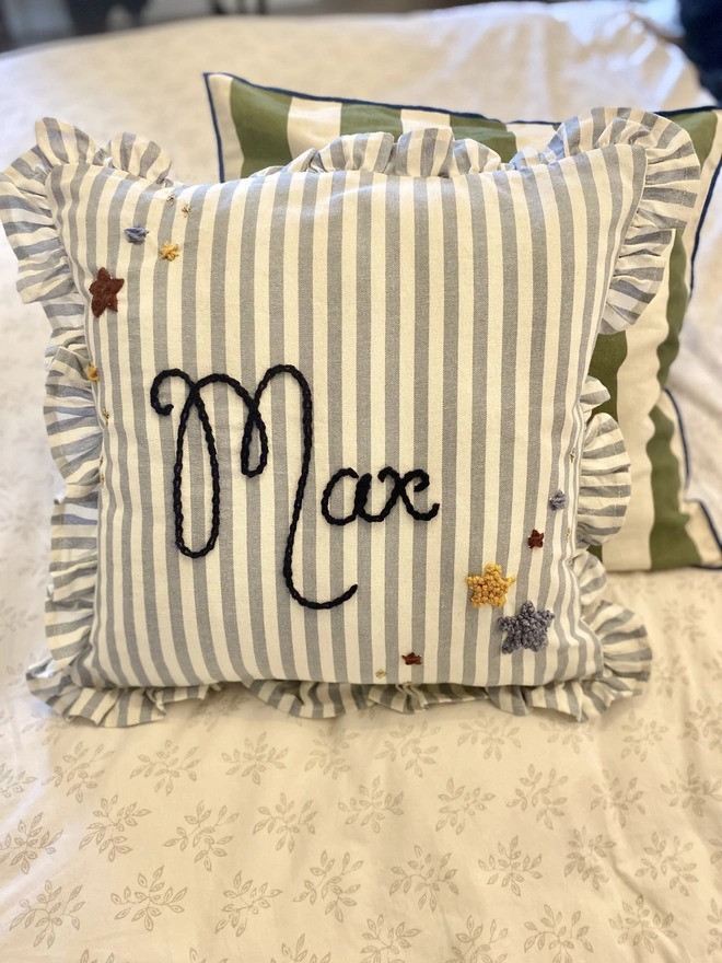 Blue Stripe Cushion With Ruffle Trim