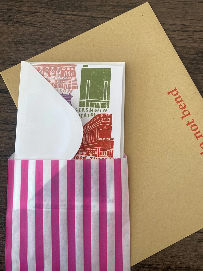 Broadway theatre greetings card with envelope, packed into a paper bag