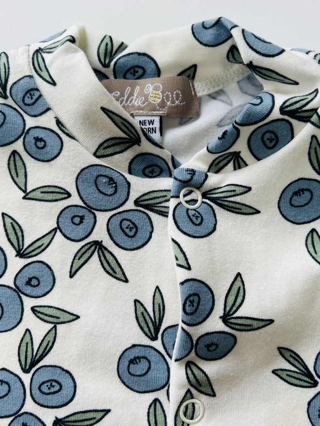 Organic Cotton Baby Sleepsuit in Cream "Blueberry" Print.